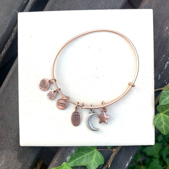 Alex and Ani Crescent Moon Charm Bracelet Rose Gold Finish - Expands 2"- 3.5" - Picture 1 of 2